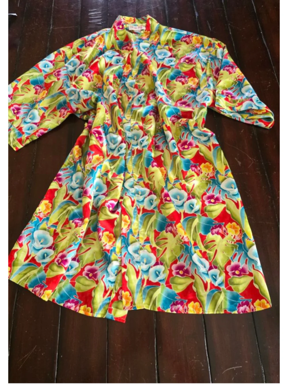 Vintage Miss Fifi Red Green Yellow Satin Floral Pajama Pant and Robe Set Luxe